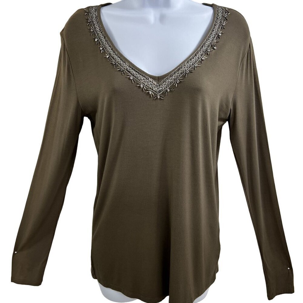Miss Me NWT Womens S Olive Green Long Sleeve Top Neck Embellishment Minimalistic